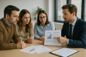 Asesor financiero explicando a clientes las diferencias entre hipoteca fija e hipoteca variable con gráficos comparativos.