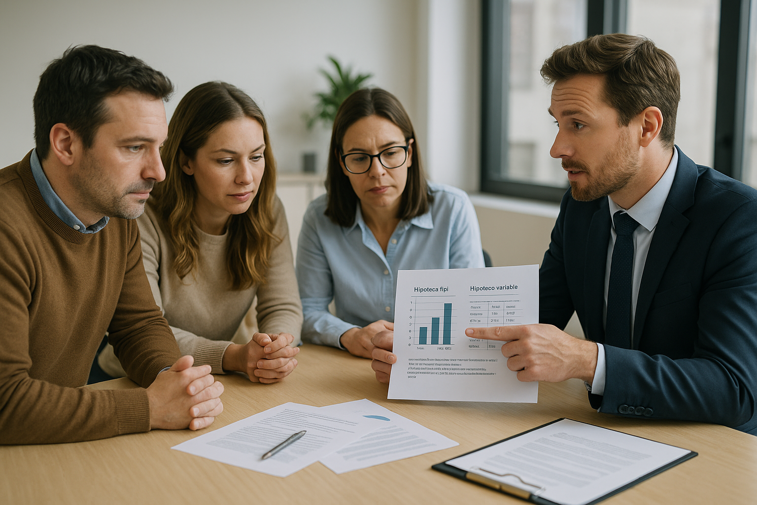 Asesor financiero explicando a clientes las diferencias entre hipoteca fija e hipoteca variable con gráficos comparativos.