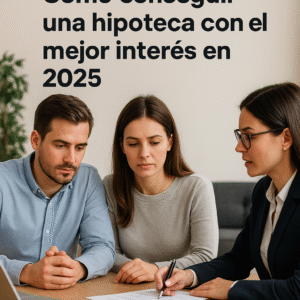Pareja joven asesorada sobre cómo conseguir una hipoteca con el mejor interés
