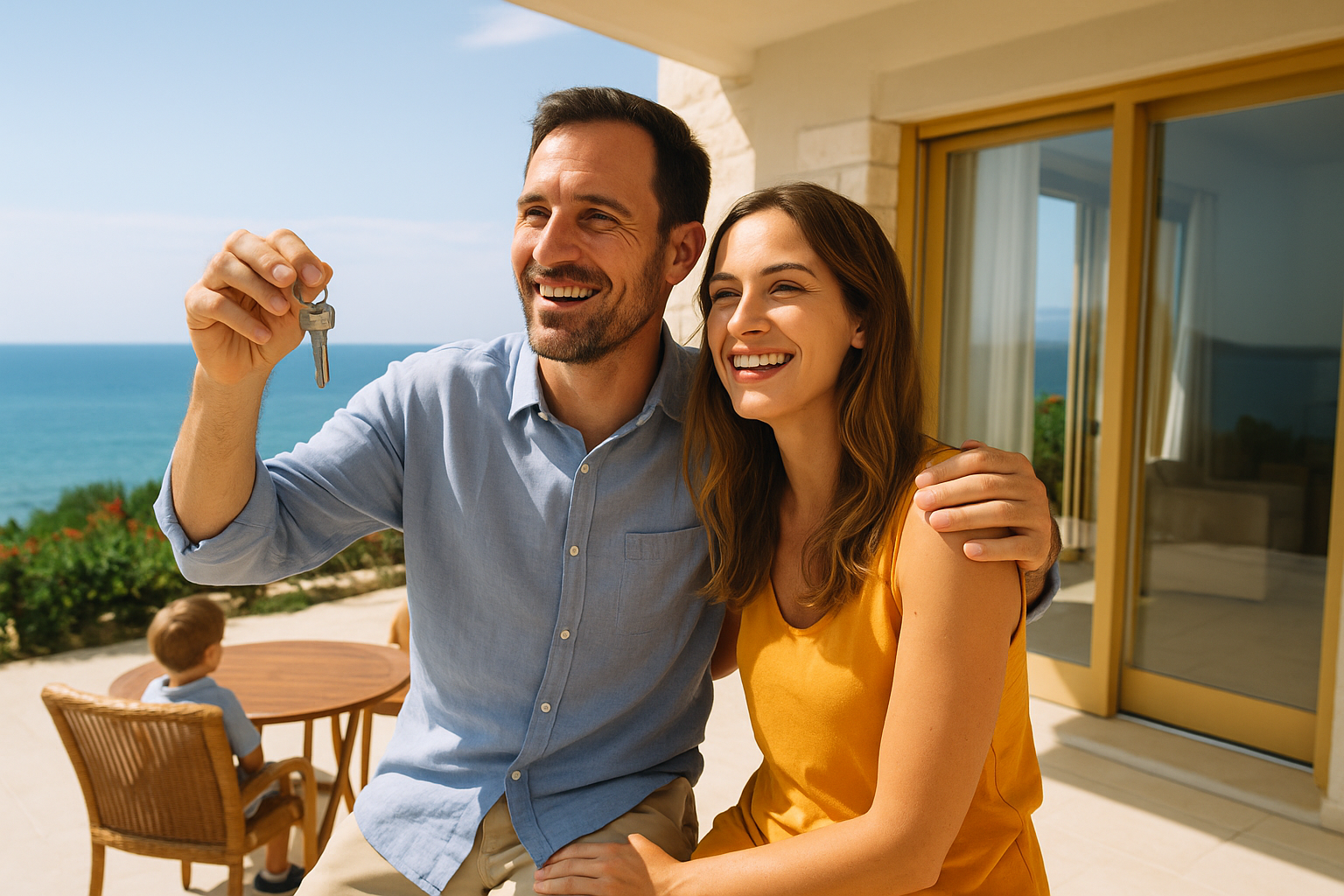Pareja joven sonriente sosteniendo las llaves de su nueva segunda vivienda junto al mar, disfrutando de la terraza con su hijo al fondo tras conseguir su hipoteca con Finok en España 2025.