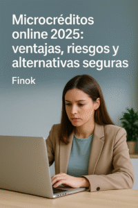 Mujer joven revisando en su portátil las condiciones de un microcrédito online seguro con Finok, entorno profesional y realista, España 2025.