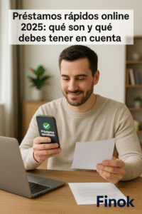 Joven consultando su móvil y recibiendo aprobación instantánea de préstamo rápido online en España 2025, ambiente realista y profesional.