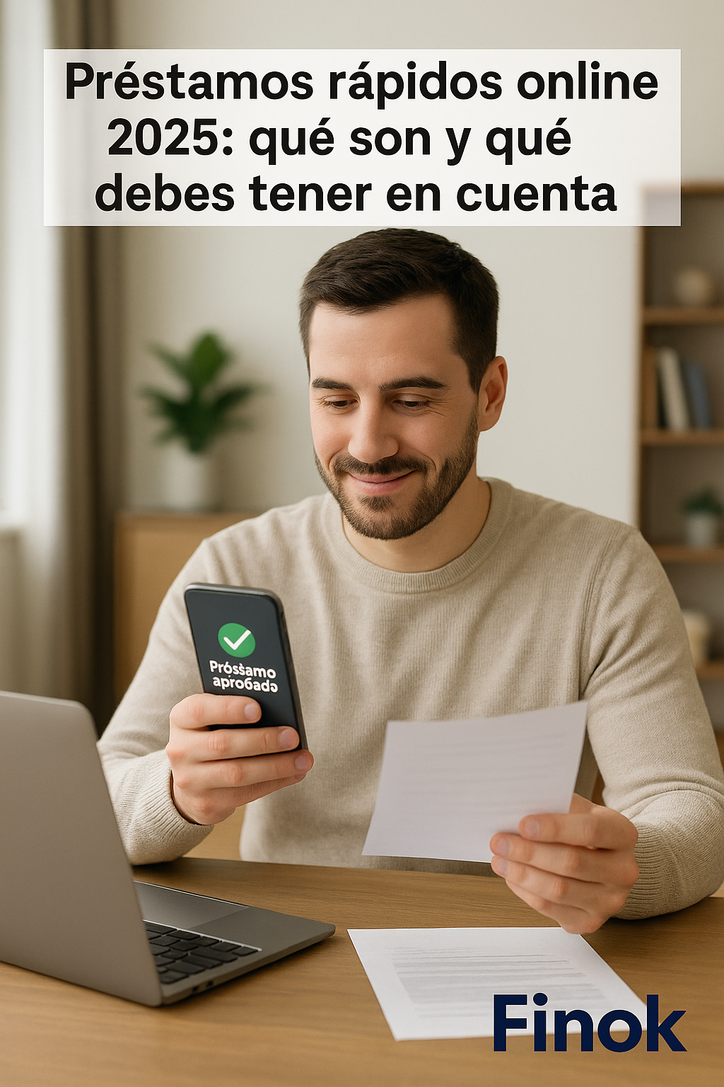 Joven consultando su móvil y recibiendo aprobación instantánea de préstamo rápido online en España 2025, ambiente realista y profesional.