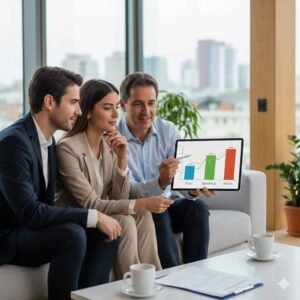 Comparativa de hipoteca fija, variable y mixta con asesor financiero de Fin-ok. Gráfico de barras mostrando el riesgo y la cuota de cada opción hipotecaria.