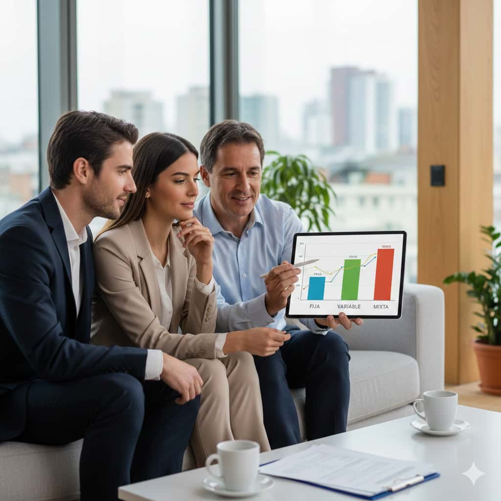 Comparativa de hipoteca fija, variable y mixta con asesor financiero de Fin-ok. Gráfico de barras mostrando el riesgo y la cuota de cada opción hipotecaria.